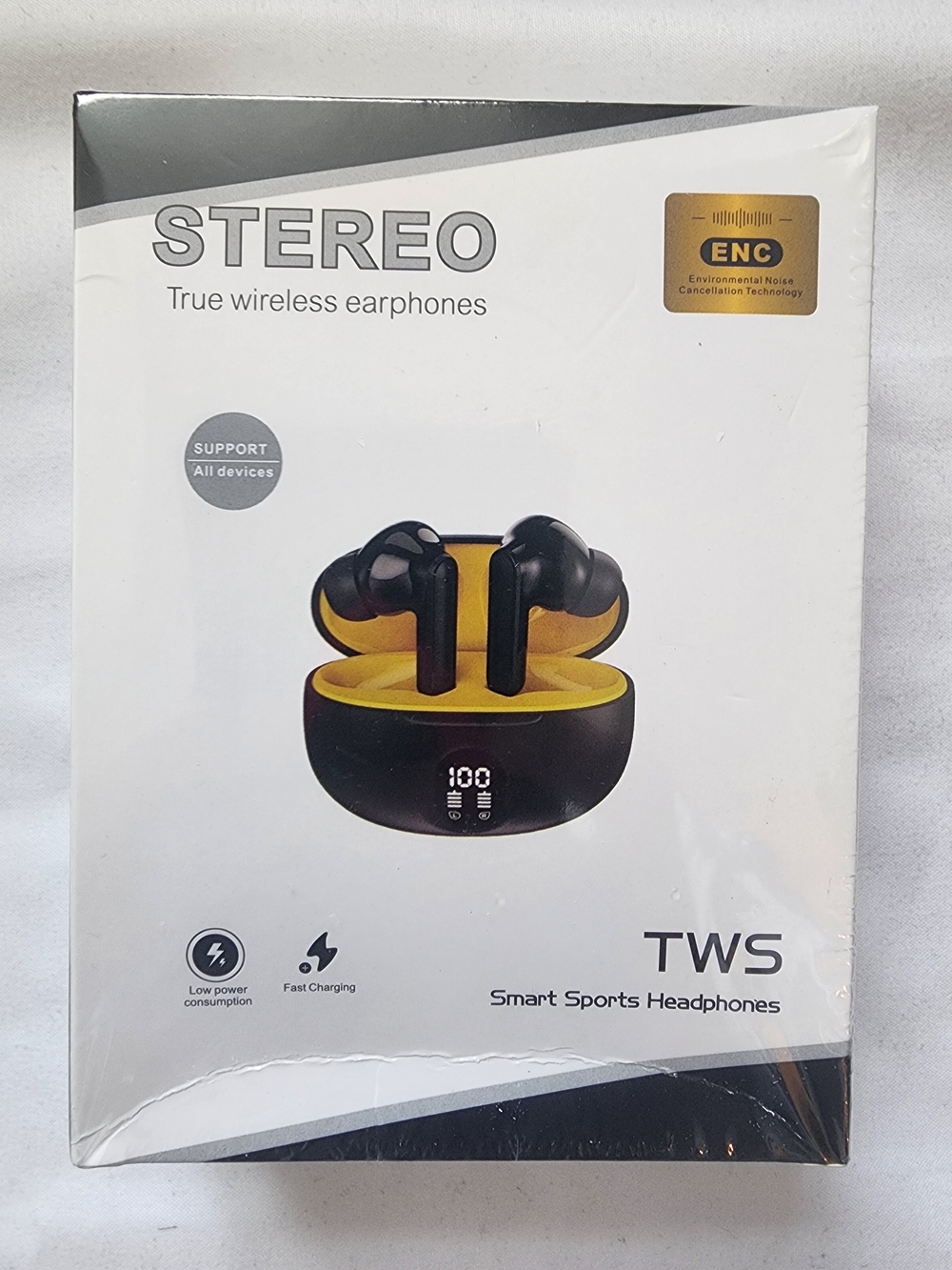 NIB Black True Wireless Earbuds - Stereo TWS With Black & Yellow LED Case